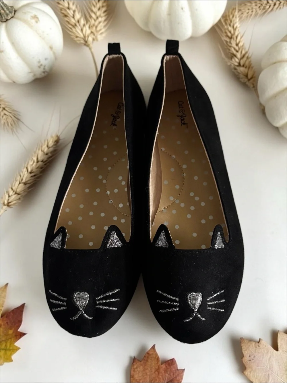 Cat & Jack Big Girls Size 4 Black Cat Face Flats EUC
